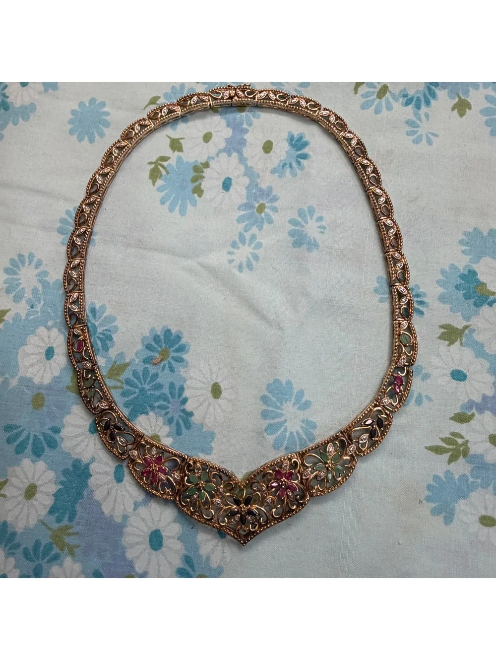 Filigree vermeil sterling choker necklace with emerald sapphire ruby detail vtg